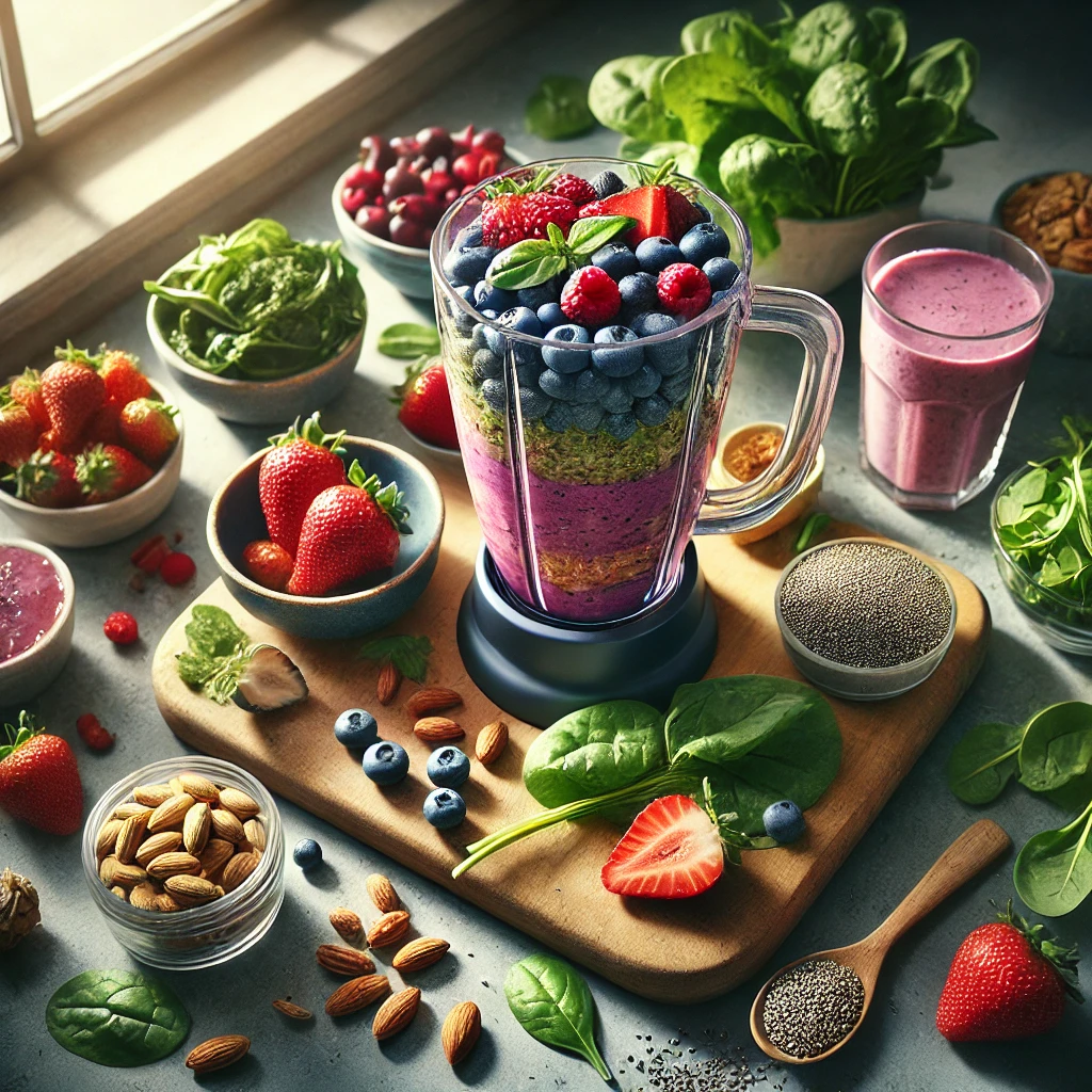 A colorful smoothie being blended with fresh berries, greens, nuts, and seeds | Nutritious Tips