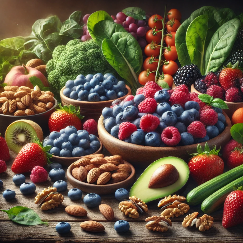 A colorful assortment of antioxidant-rich foods like berries, nuts, and leafy greens on a wooden table | Nutritious Tips