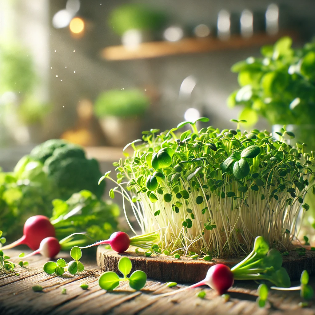 Fresh microgreens on a wooden surface with blurred kitchen in the background | Nutritious Tips