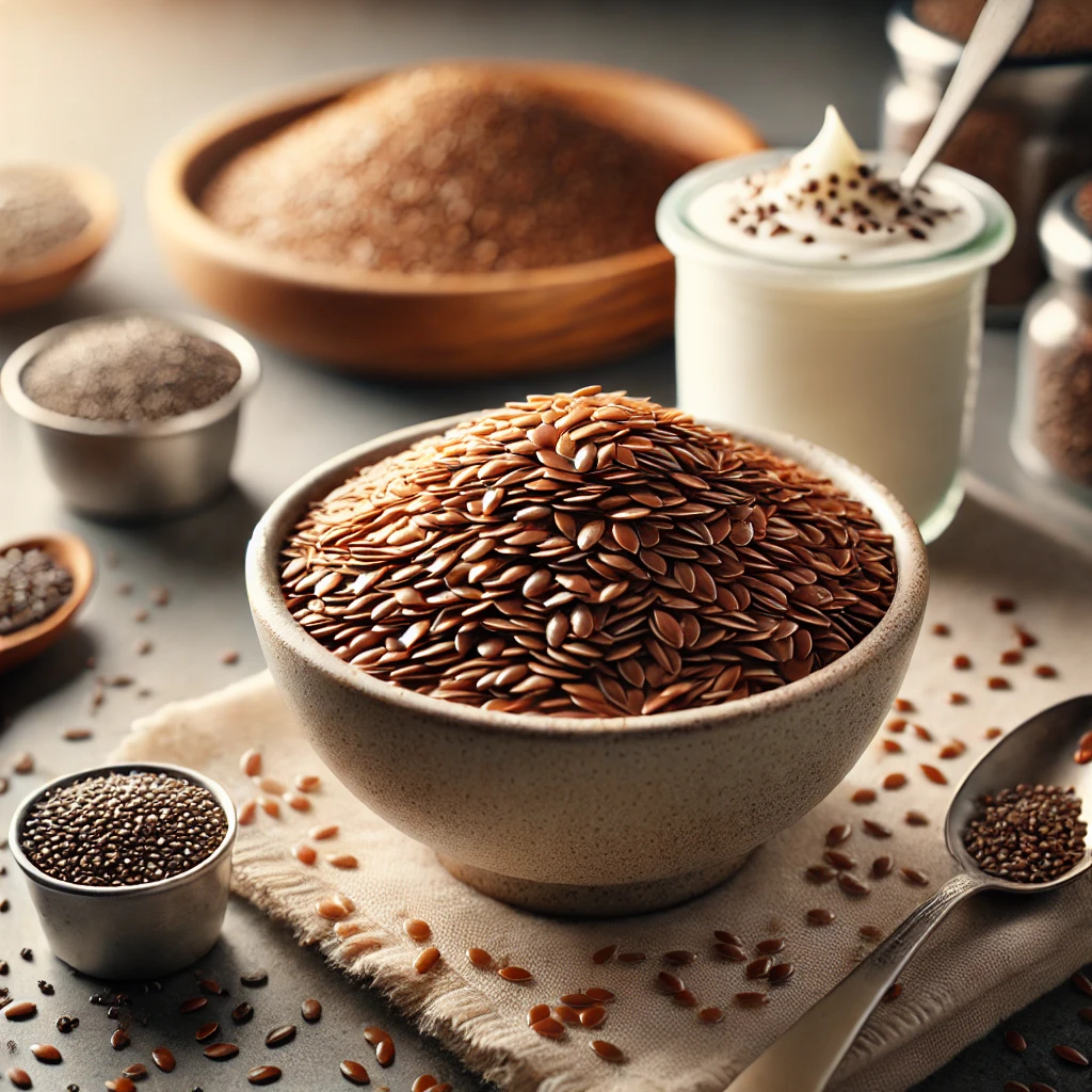 Close-up of a bowl containing flaxseeds and chia seeds on a kitchen countertop | Nutritious Tips