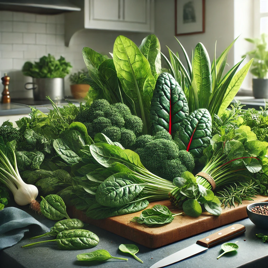 Fresh leafy greens like spinach, kale, and arugula on a kitchen counter | Nutritious Tips